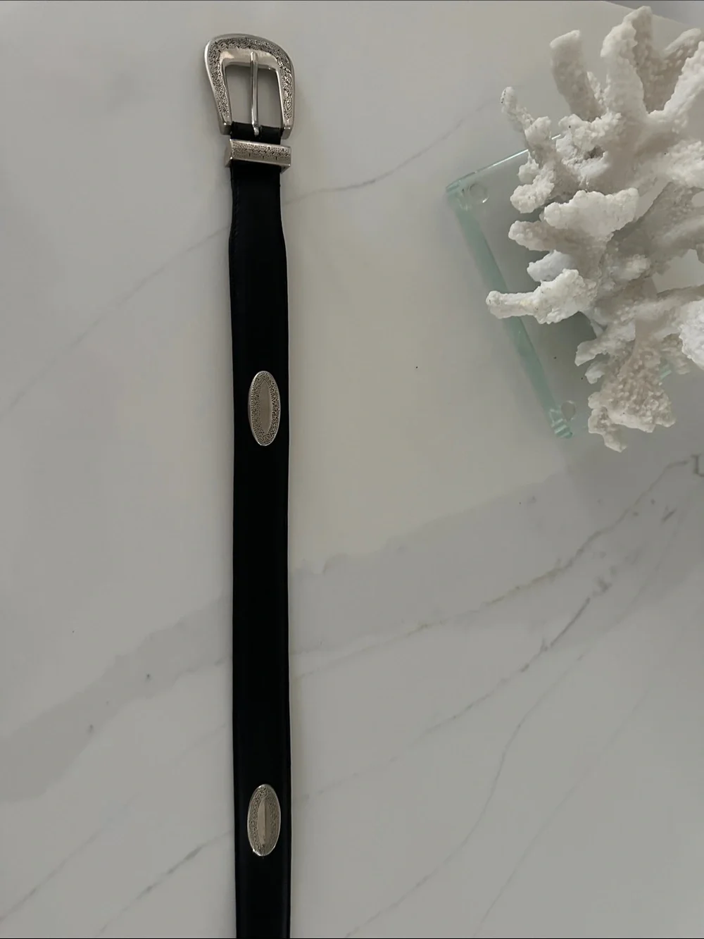 Brighton Black Leather Western Belt with Silver Buckle. Size 38.